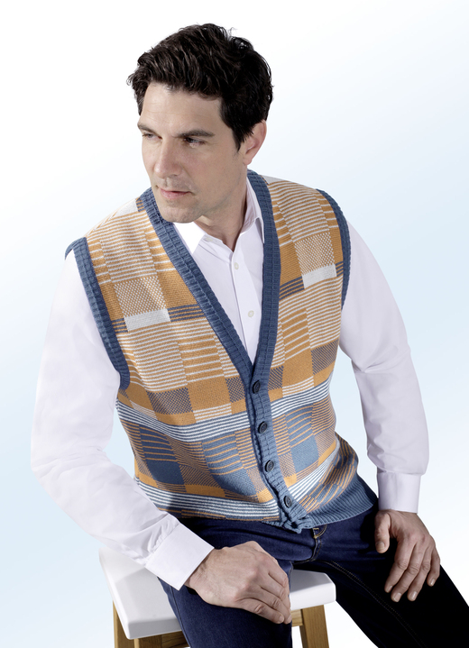 - Besonders aufwendig gearbeitetes Gilet mit Jacquard-Dessin, in Größe 048 bis 058, in Farbe JEANSBLAU-CAMEL-ECRU