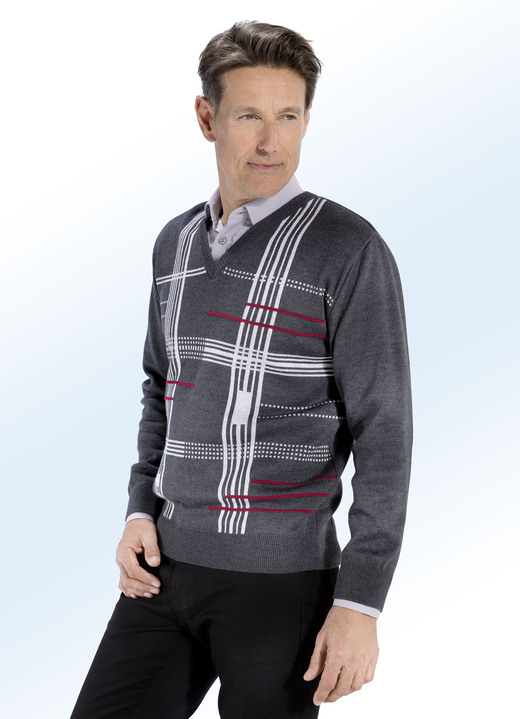 Pullover & Strickmode - Interessanter Pullover mit V-Ausschnitt, in Größe 046 bis 062, in Farbe ANTHRAZIT MEL.