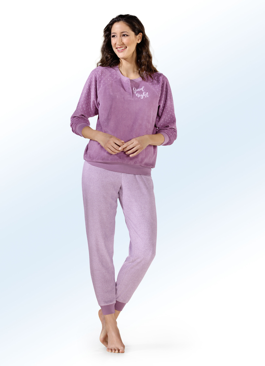 Pyjamas & Shortys - Pyjama aus Frottierstretch mit Knopfleiste, in Größe 034 bis 052, in Farbe MAUVE-ECRU Ansicht 1