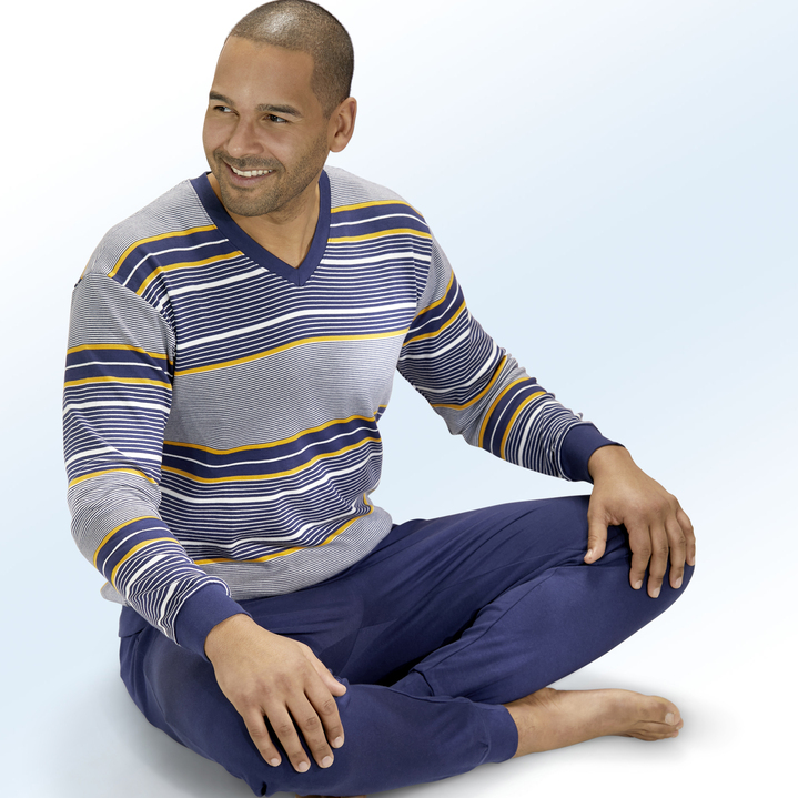 Pyjamas - Pyjama mit V-Ausschnitt, garngefärbtem Ringeldessin, Interlock, in Größe 046 bis 062, in Farbe BLAU-WEISS-GELB