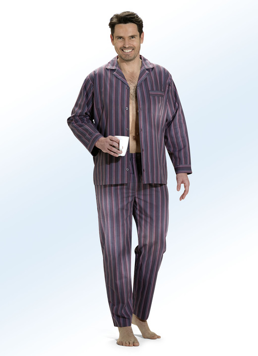 - Pyjama, durchgeknöpft, aus Webware mit Streifendessin, in Größe 046 bis 060, in Farbe GRAFIT-BORDEAUX