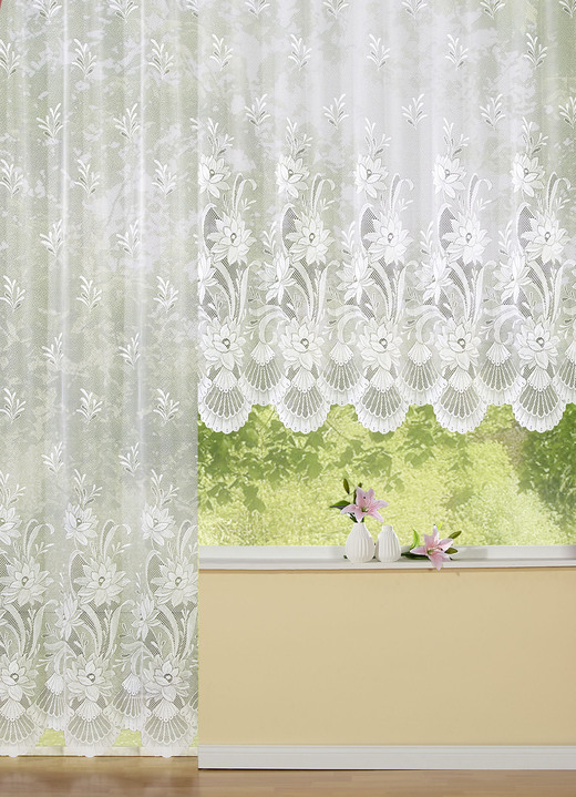 Klassisch - Blumenfenster-Vorhang mit Automatikfaltenband 1:3, in Größe 140 (H120xB300 cm) bis 181 (H175xB600 cm), in Farbe WEIß Ansicht 1