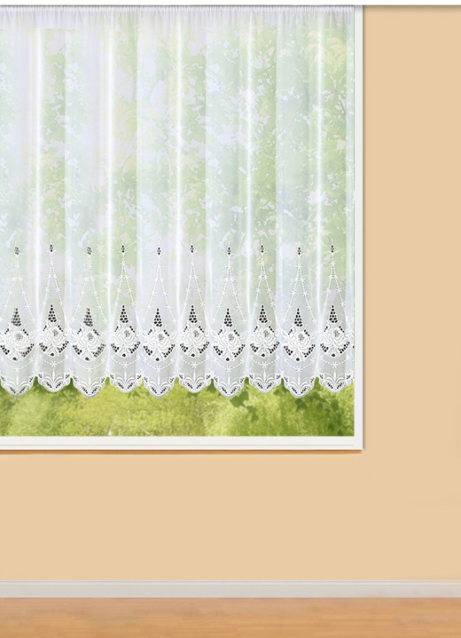 Klassisch - Blumenfenster-Vorhang mit Universalschienenband, in Größe 140 (H125xB300 cm) bis 181 (H175xB600 cm), in Farbe WEIß Ansicht 1