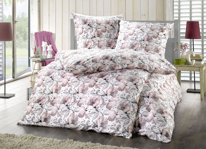Bettwäschegarnituren - Baumwoll Bettwäsche-Garnitur mit Magnolien-Dessin, in Größe 111 (40/80 cm + 135/200 cm) bis 412 (4-teiliges Sparset), in Farbe WEISS-ROSÉ