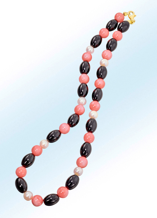Halsketten - Halskette mit Perlen, Onyx und Koralle, in Farbe