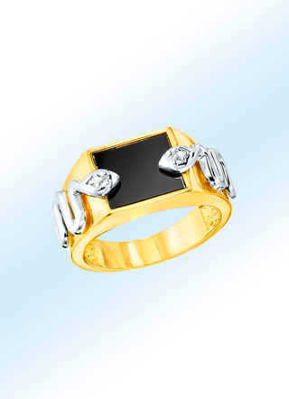 Herrenring in Bicolor mit echt Onyx und synth. Zirkonia