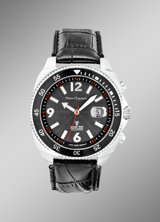 - Pierre Chaubert Funk-Solar-Herrenuhr mit Edelstahlgehäuse und Lederband, in Farbe  Ansicht 1