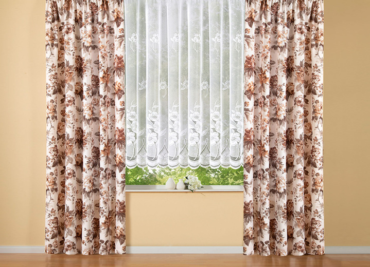 Klassisch - Blumenfenster-Store mit Blumengirlanden, in Größe 140 (120x300 cm) bis 181 (175x600 cm), in Farbe WEIß Ansicht 1