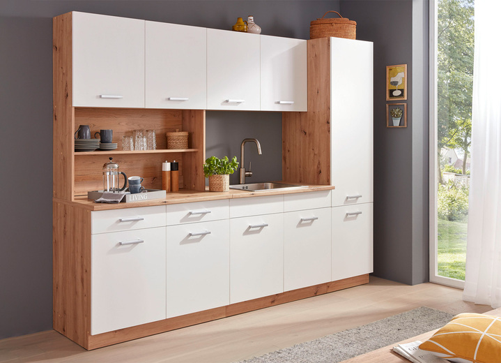 - Zeitlos schöner Seitenschrank, in Farbe WEISS-EICHE, in Ausführung Spülen-Unterschrank