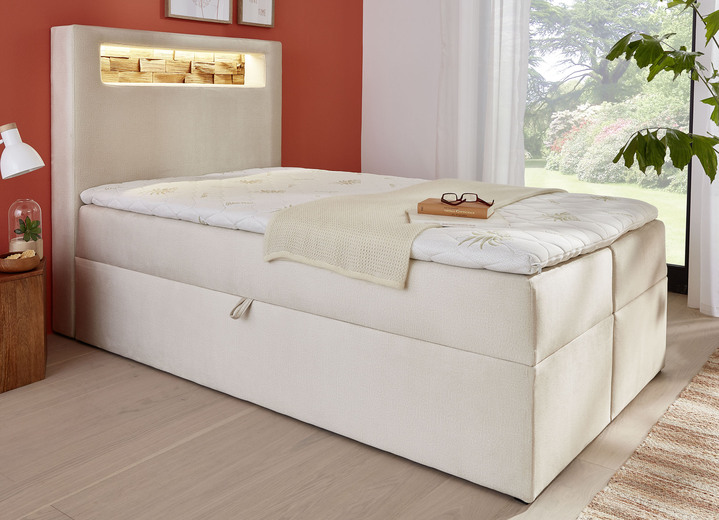 Boxspringbetten - Boxspringbett mit mehrfarbig einstellbarer LED-Beleuchtung, in Farbe BEIGE Ansicht 1