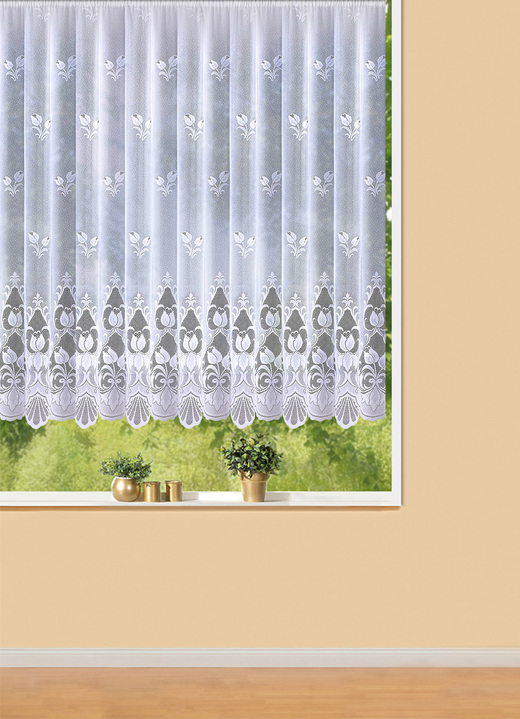 - Blumenfenster-Vorhang mit Automatikfaltenband 1:3, in Größe 140 (H120xB300 cm) bis 181 (H175xB600 cm), in Farbe WEISS Ansicht 1