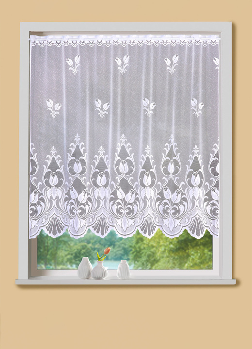 Klassisch - Kleinfenster-Vorhang mit Stangendurchzug, in Größe 120 (H80xB100 cm) bis 125 (H100xB150 cm), in Farbe WEIß Ansicht 1