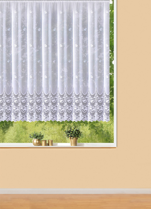 Klassisch - Wundervoller Blumenfenster-Vorhang, in Größe 145 (H120xB600 cm) bis 179 (H175xB450 cm), in Farbe WEIß Ansicht 1