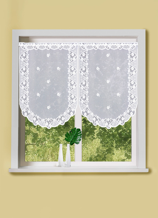 Klassisch - Wundervoller Fenster- und Türbehang mit Stangendurchzug, in Größe 309 (2x Fensterbehang, H 80xB40 cm) bis 318 (1x Fensterbehang, H100xB60 cm), in Farbe WEIß