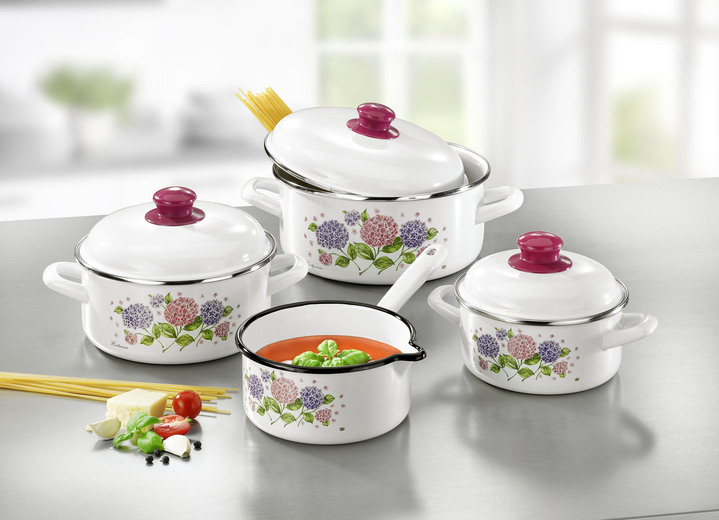 - Topf-Set aus widerstandsfähigem Stahl-Emaille, in Farbe WEISS, in Ausführung Topf-Set 5-teilig