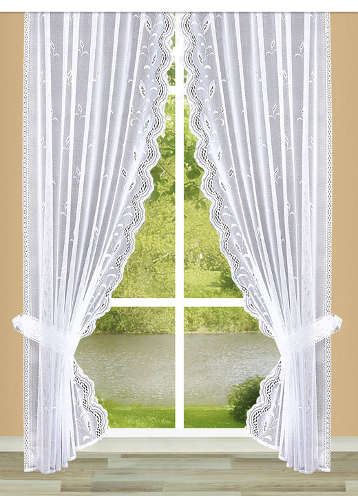 - Wunderschöne Raffvorhänge-Garnitur mit Automatikfaltenband, in Größe 347 (H125xB145 cm) bis 458 (H245xB145 cm), in Farbe WEISS Ansicht 1