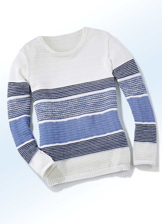 - Pullover in Strukturmix mit Glitzerakzenten, in Größe 036 bis 052, in Farbe ECRU-JEANSBLAU-MULTICOLOR