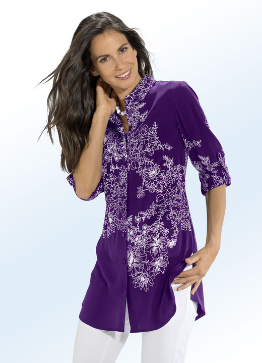 Blusen - Longbluse mit Floraldessin in 4 Farben, in Größe 036 bis 054, in Farbe LILA-ECRU Ansicht 1