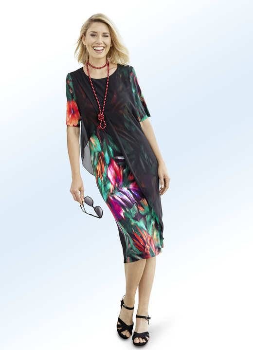 Kleider - Kleid mit transparentem Chiffon, in Größe 036 bis 052, in Farbe SCHWARZ-BUNT