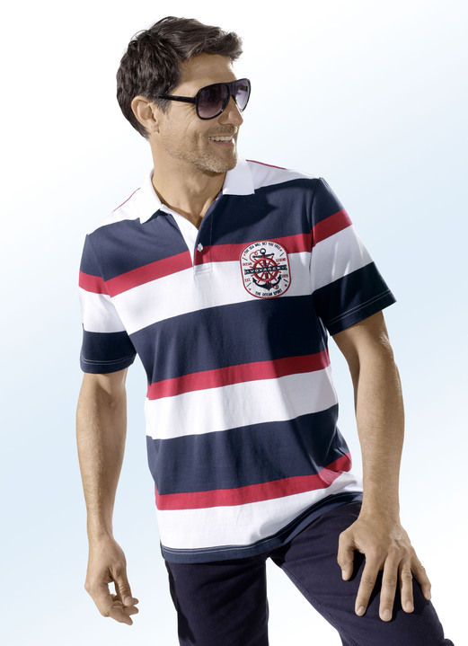 Shirts - Fabelhaftes Poloshirt mit kurzer Knopfleiste , in Größe 046 bis 062, in Farbe WEISS-MARINE-ROT