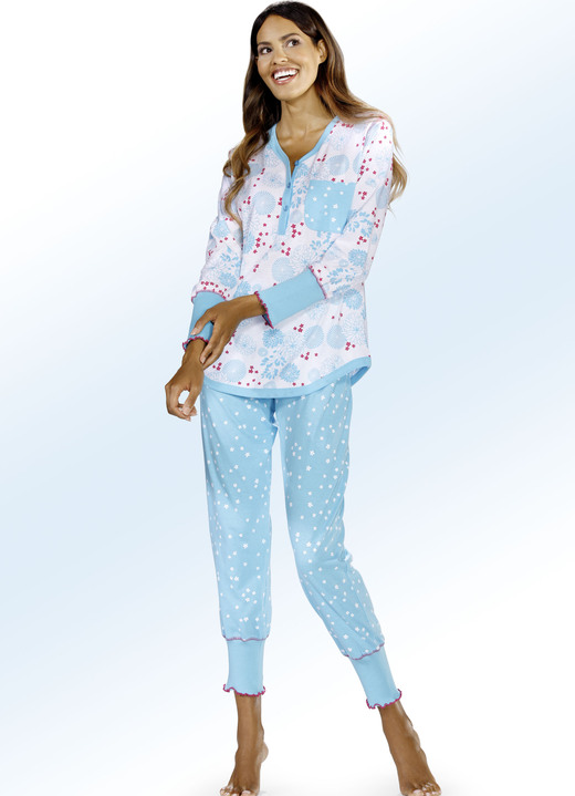 Pyjamas & Shortys - Top Ten Pyjama mit Bündchen und Knopfleiste, in Größe 032 bis 050, in Farbe WEISS-TÜRKIS Ansicht 1