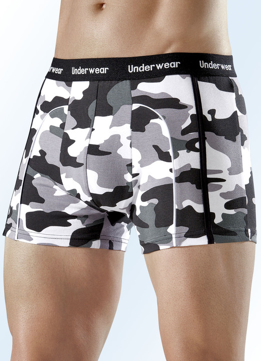 Pants & Boxershorts - Dreierpack Pants mit Camouflage-Dessin, in Größe 004 bis 010, in Farbe SCHWARZ-GRAU-OLIV-WEISS