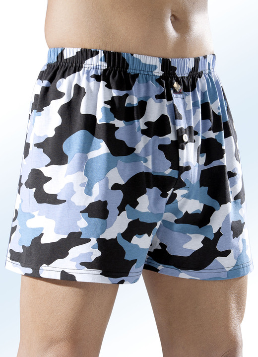 - Viererpack Boxershorts in Camouflage-Optik, in Größe 004 bis 011, in Farbe 2X BLAU-SCHWARZ-WEISS, 2X SCHWARZ-GRAU-OLIV-WEISS