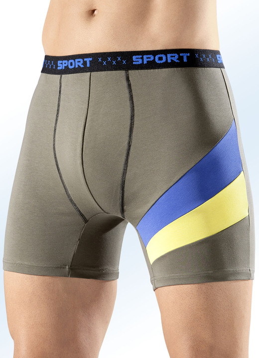 Pants & Boxershorts - Viererpack Pants, uni mit Kontrasteinsätzen, in Größe 004 bis 011, in Farbe 2X KHAKI-BLAU-GELB, 2X BLAU-KHAKI-GELB