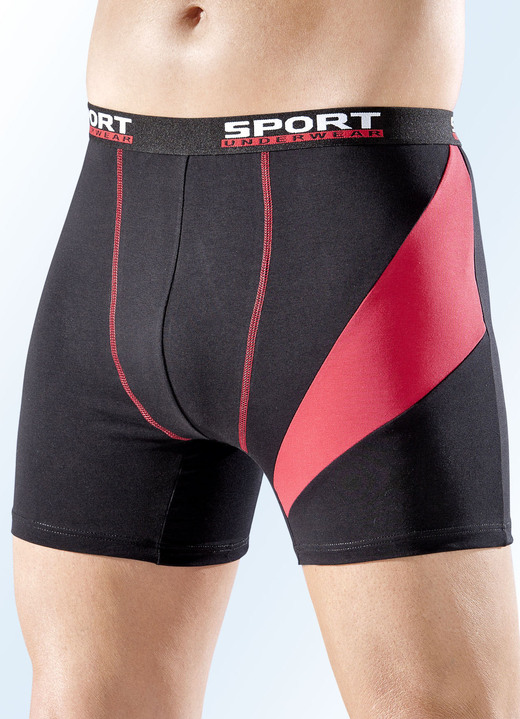 - Viererpack Pants, uni mit Einsatz und Kontrastnähten, in Größe 004 bis 011, in Farbe 2X SCHWARZ-ROT, 2X NAVY-ROT
