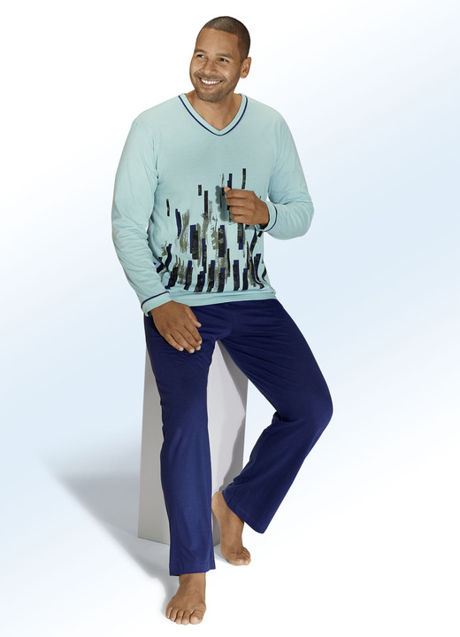 - Pyjama aus BIO-Baumwolle mit V-Ausschnitt und Druckdessin, in Größe 046 bis 060, in Farbe MINT-BLAU