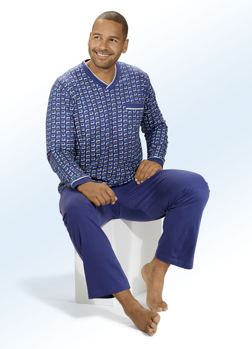 - Pyjama mit V-Ausschnitt und aufgesetzter Brusttasche, in Größe 048 bis 062, in Farbe BLAU-MINT
