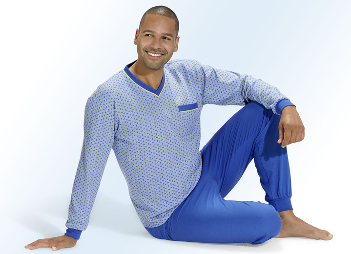 Pyjamas - Pyjama mit Ärmel- und Hosenbündchen, V-Ausschnitt, in Größe 048 bis 066, in Farbe BLAU-GELB