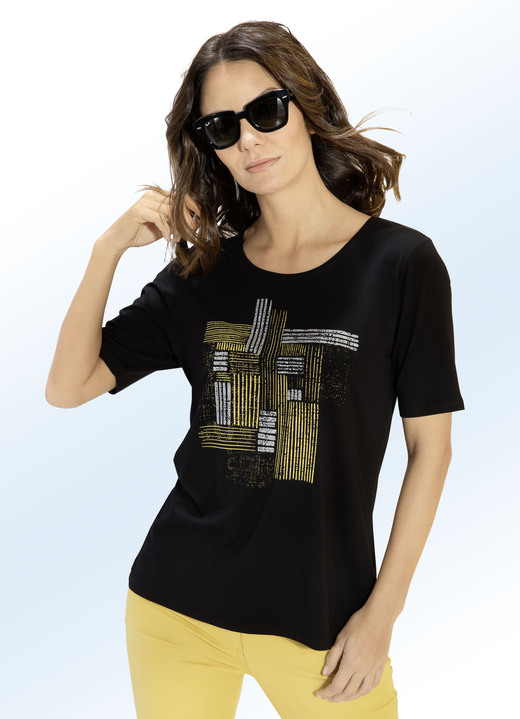 Kurzarm - Shirt mit effektvollem Kontrast-Druck in 2 Farben, in Größe 036 bis 052, in Farbe SCHWARZ Ansicht 1