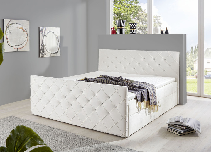 - Boxspringbett mit Strasssteinen und Topper, in Farbe CREME Ansicht 1