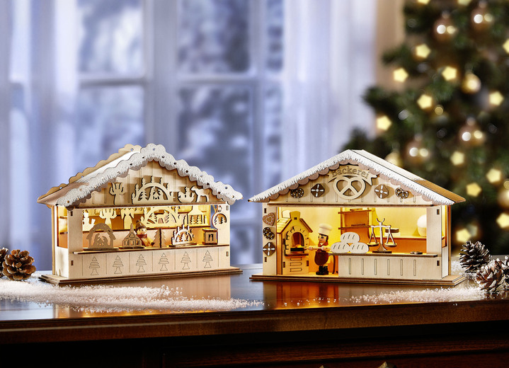 Weihnachten - Weihnachtsmarktszene aus Holz, in Farbe NATUR-BRAUN, in Ausführung Weihnachtsmarkthütte