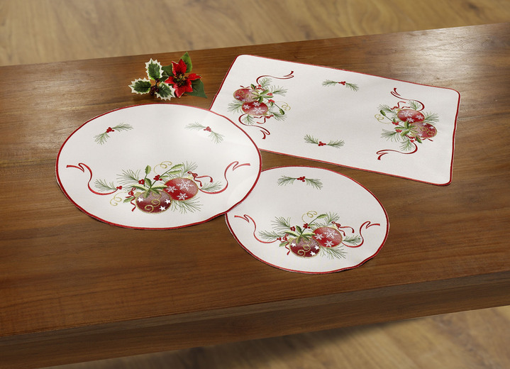 - Festliche Tisch- und Raumdekoration mit Christbaumkugel-Motiven, in Größe 101 (Deckchen, 35/ 50 cm) bis 404 (Kissenbezug, 40/ 40 cm), in Farbe SEKT-BUNT