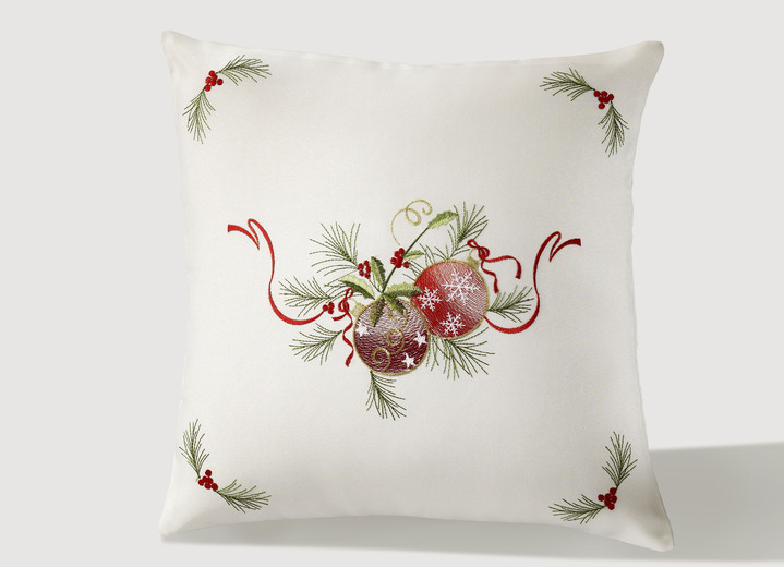 - Festliche Tisch- und Raumdekoration mit Christbaumkugel-Motiven, in Größe 101 (Deckchen, 35/ 50 cm) bis 404 (Kissenbezug, 40/ 40 cm), in Farbe SEKT-BUNT