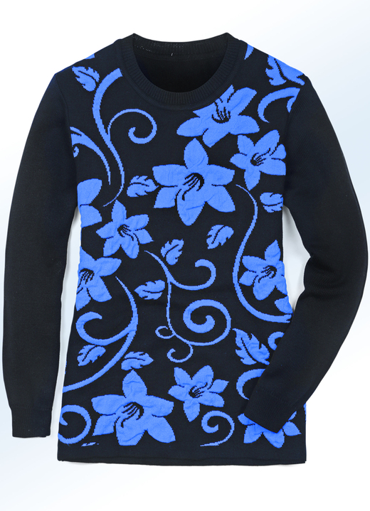 Pullover & Strickmode - Pullover mit Jacquardmuster und Cloqué-Effekten, in Größe 038 bis 054, in Farbe BLAU-SCHWARZ Ansicht 1