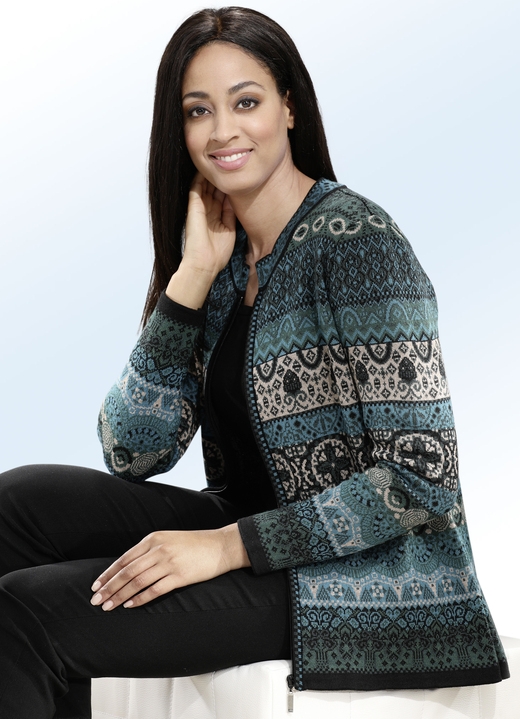 Strickjacken - Strickjacke mit Schurwolle, in Größe 038 bis 052, in Farbe PETROL-BEIGE_MULTICOLOR