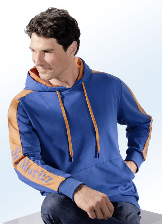 - Kapuzensweatshirt mit Kängurutasche im Vorderteil, in Größe 044 bis 060, in Farbe BLAU-ORANGE