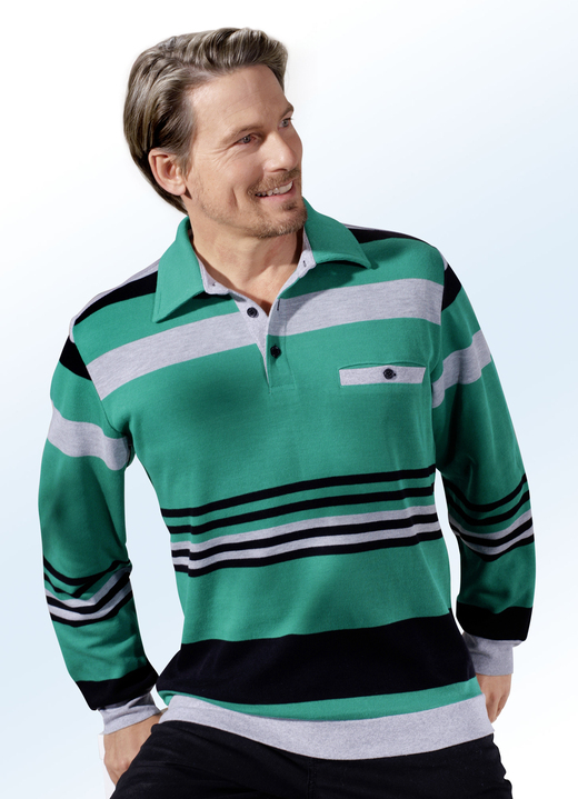 Sweatshirts - Pfiffiges Poloshirt mit kurzer Knopfleiste, in Größe 046 bis 062, in Farbe SMARAGDGRÜN-BUNT