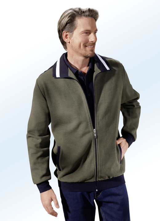 - Modisch aktuelle Sweatjacke in 2 Farben, in Größe 046 bis 062, in Farbe OLIV MELIERT
