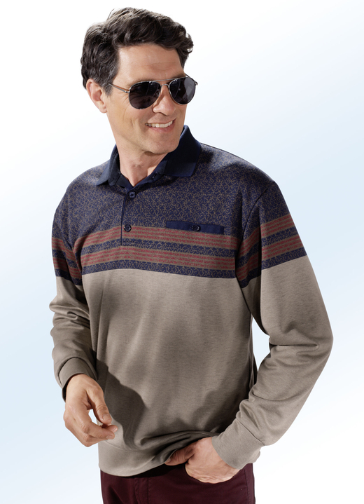 Sweatshirts - Poloshirt im Muster-Mix in 2 Farben, in Größe 046 bis 062, in Farbe CAMEL-MARINE Ansicht 1
