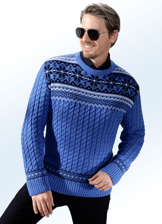 Gemustert - Fantasievoller Pullover mit Zopfmuster, in Größe 044 bis 060, in Farbe BLAU