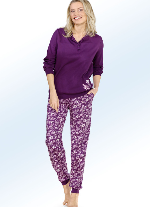 Pyjamas & Shortys - Pyjama mit Bündchen und Taschen, in Größe 034 bis 050, in Farbe BEERE-ROSA