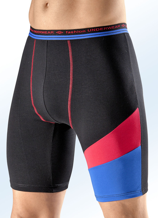 Pants & Boxershorts - Dreierpack Longpants mit farbigen Einsätzen, in Größe 004 bis 010, in Farbe 2X SCHWARZ-ROT-ROYALBLAU, 1X ROYALBLAU-ROT-SCHWARZ