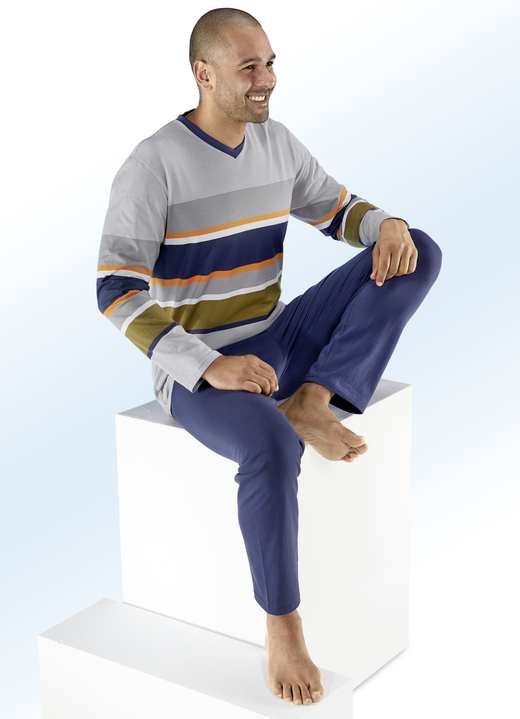 - AMMANN Pyjama mit V-Ausschnitt, garngefärbtem Ringeldessin, in Größe 046 bis 058, in Farbe GRAU-BLAU-BUNT