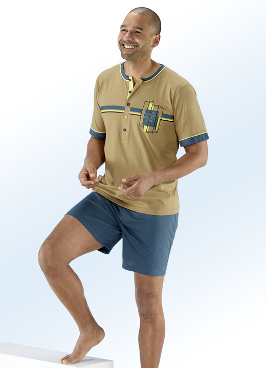 Shortys - Shorty mit extra langer Knopfleiste und platziertem Druckmotiv, in Größe 046 bis 062, in Farbe CAMEL-PETROL