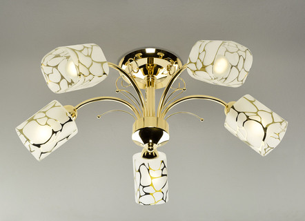 Deckenlampe mit Gestell aus Metall und Lampenschirmen aus Glas