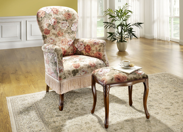 - Hochwertiger Sessel mit Hocker mit komfortablem Federkern, in Farbe ROSENMOTIV